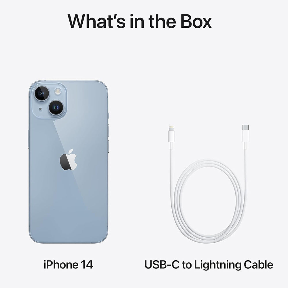 Blue 6.1" iPhone 14 512GB unlocked, dual cameras, sleek finish, shown with USB-C to Lightning cable