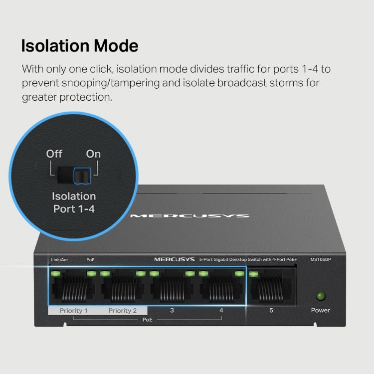 Mercusys network switch with isolation mode feature on a gray background