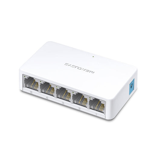 White network switch with multiple Ethernet ports on a white background