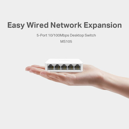 5-port 10/100Mbps desktop switch held in a hand with text 'Easy Wired Network Expansion' and 'MS105'.