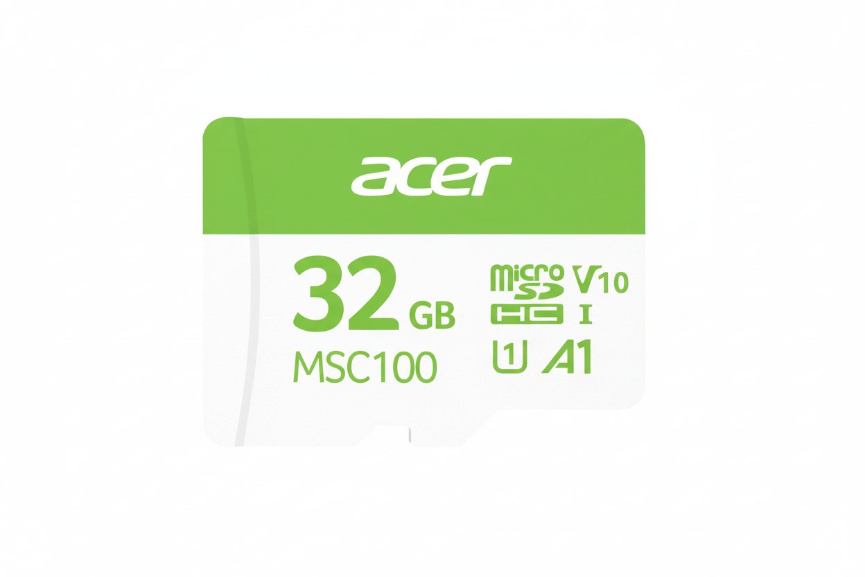 Acer MSC100 32GB memory card next to an SD adapter.

