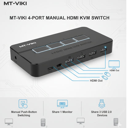 MT-VIKI 4 Port Manual HDMI KVM Switch 4K 30Hz with USB Hub & Desktop Controller