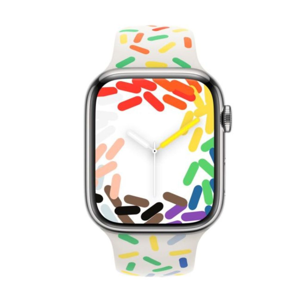 Close-up of Apple Watch with Pride Sport Band in rainbow colors