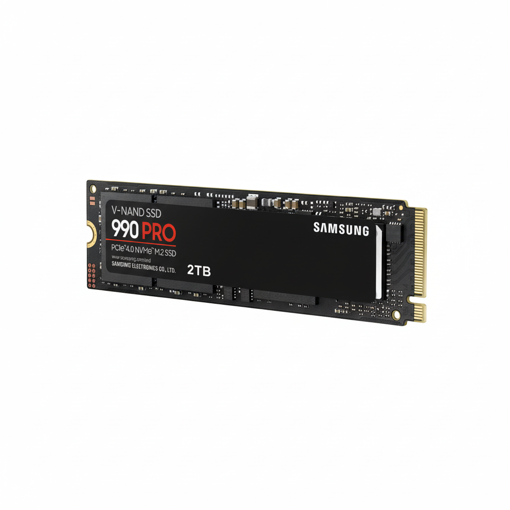 Close-up of Samsung 990 PRO SSD with heat spreader label