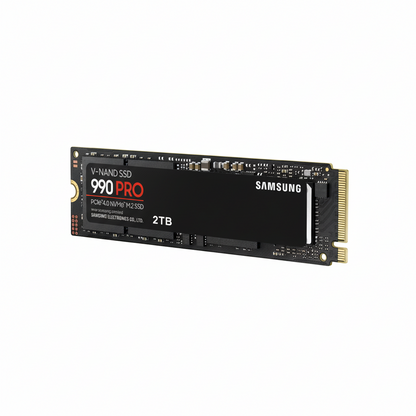 Close-up of Samsung 990 PRO SSD with heat spreader label