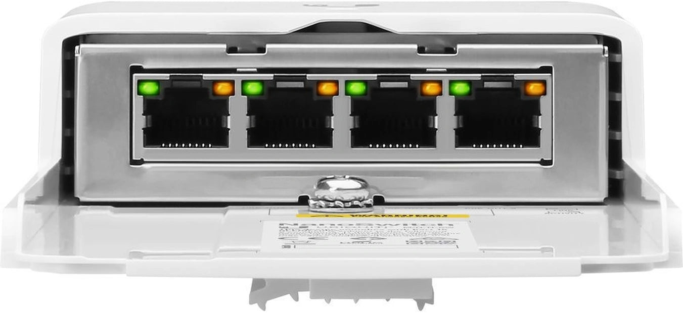 Ubiquiti Networks NanoSwitch Outdoor 4-Port PoE Passthrough Switch showing 4 Gigabit Ethernet ports with status LEDs — UBIQUITI