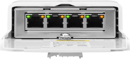 Ubiquiti Networks NanoSwitch Outdoor 4-Port PoE Passthrough Switch showing 4 Gigabit Ethernet ports with status LEDs — UBIQUITI