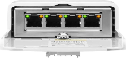 Ubiquiti Networks NanoSwitch Outdoor 4-Port PoE Passthrough Switch showing 4 Gigabit Ethernet ports with status LEDs — UBIQUITI