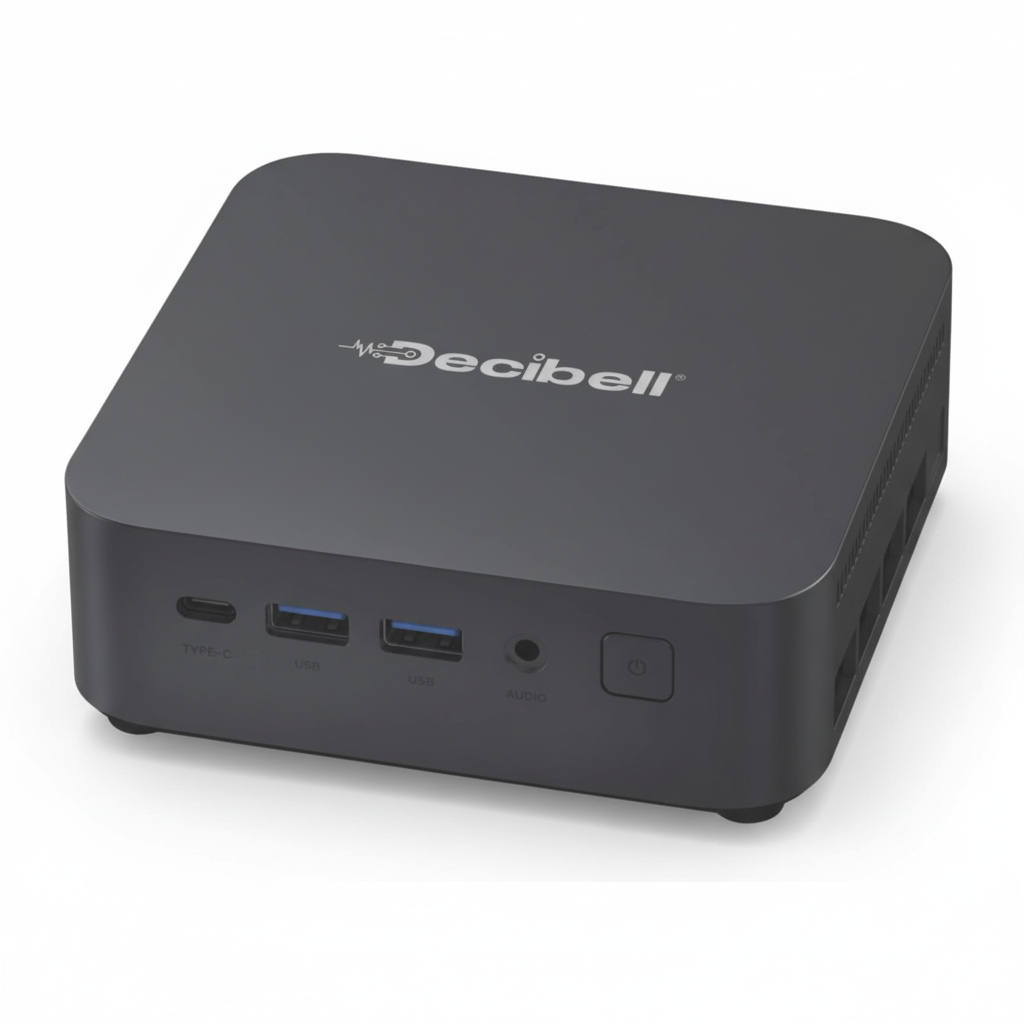 Black electronic device with Decibell logo on a white background