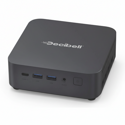 Black electronic device with Decibell logo on a white background