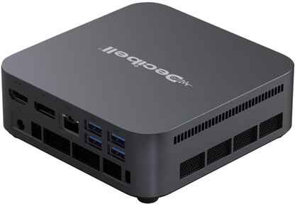 Black computer mini PC with ports on a white background