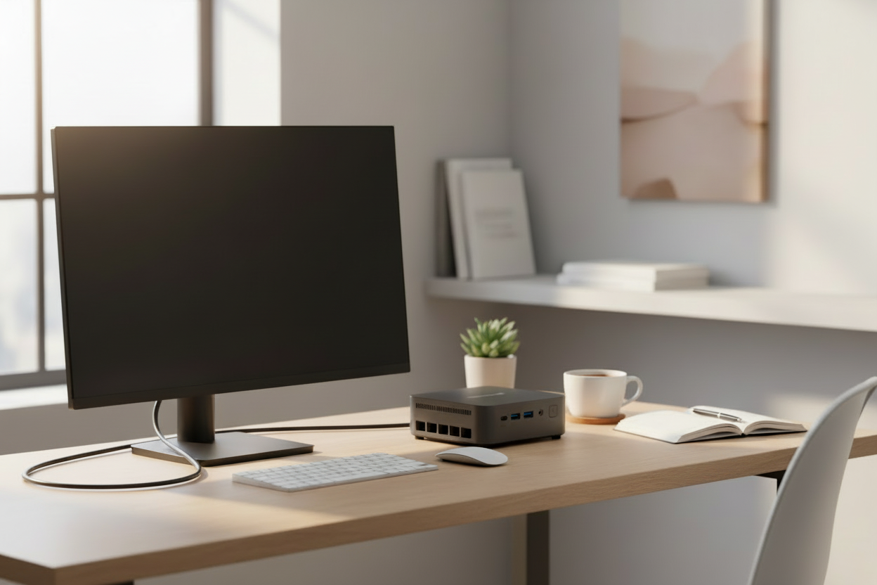 Modern office desk with computer monitor, keyboard, and decor items.
