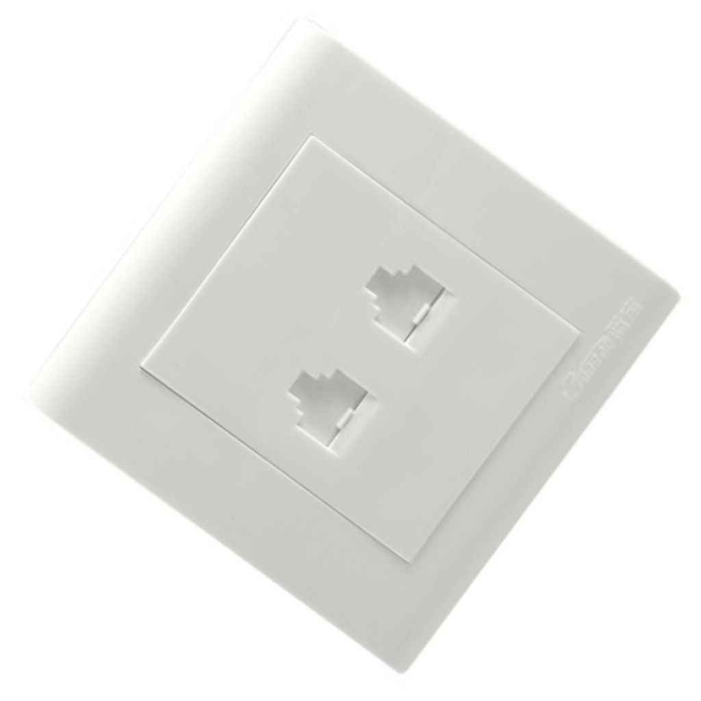 Close-up of RJ45 and RJ11 connectors behind NET014 faceplate