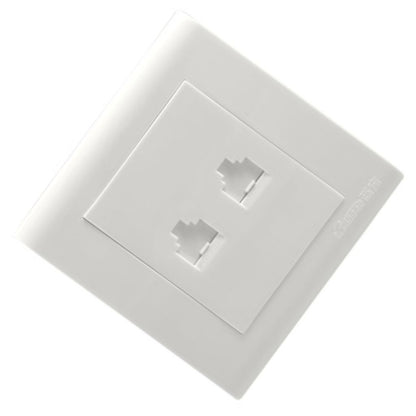Close-up of RJ45 and RJ11 connectors behind NET014 faceplate