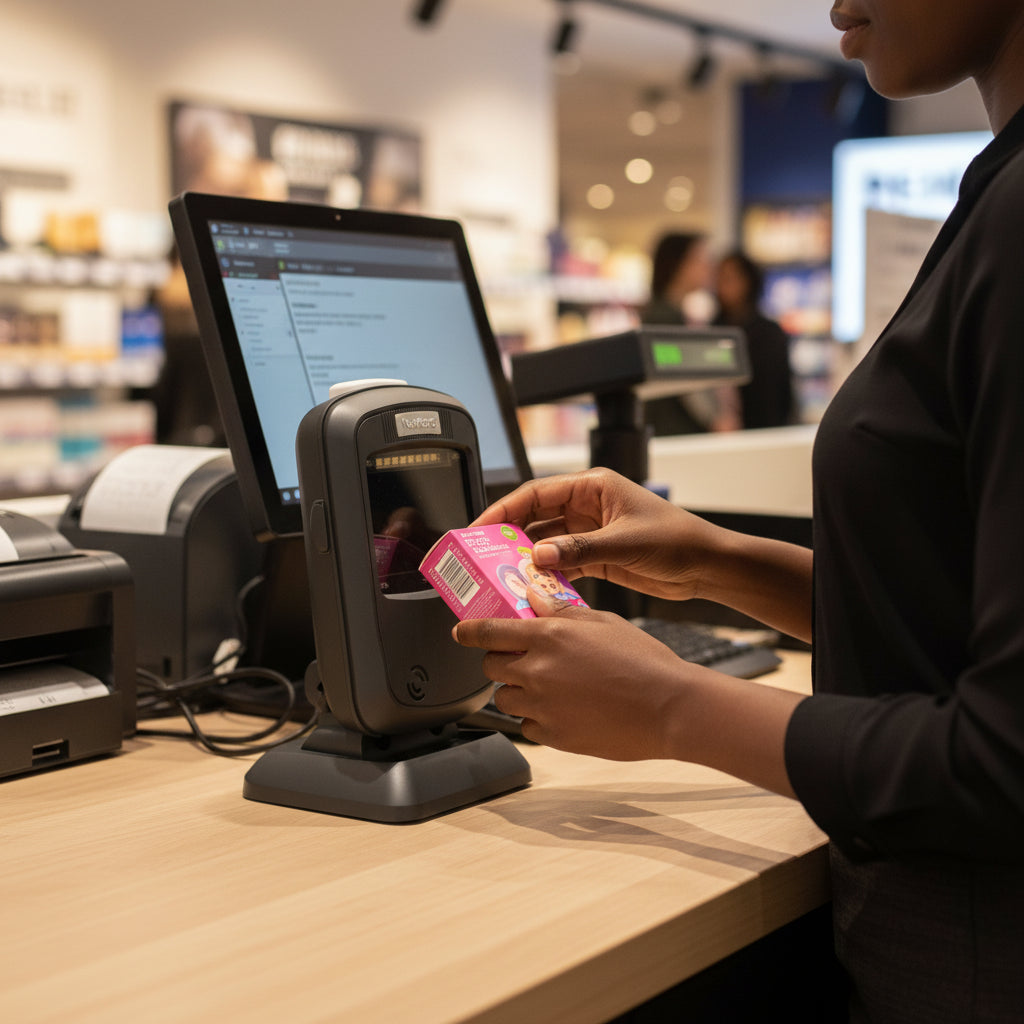Product mounted on a countertop POS stand.

