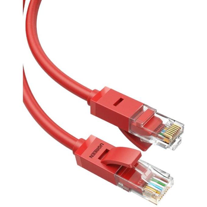Red Ethernet cable with clear connectors on a white background
