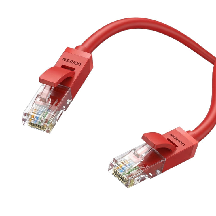 Red Ethernet cable with Ugreen connectors on a white background