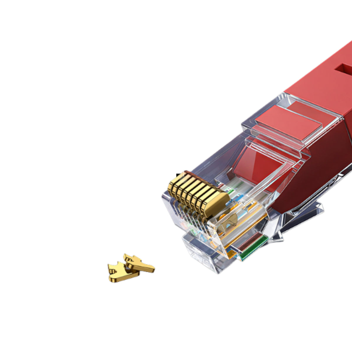 Close-up of a network cable connector with gold contact pins on a white background