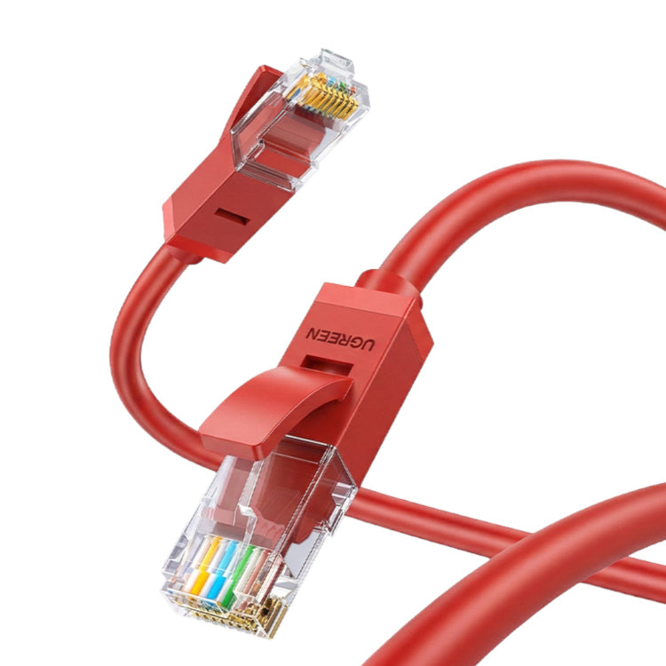 Red Ethernet cable with clear connectors on a white background