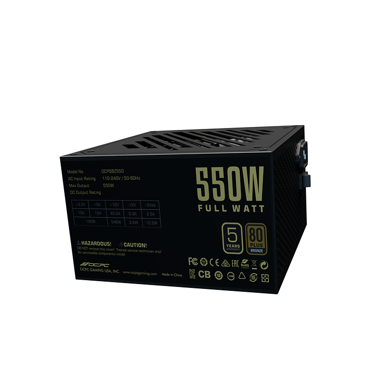 OCPC 550W non-modular power supply with flat black cables attached.

