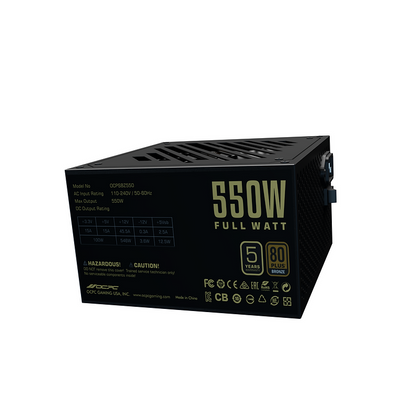 OCPC 550W non-modular power supply with flat black cables attached.

