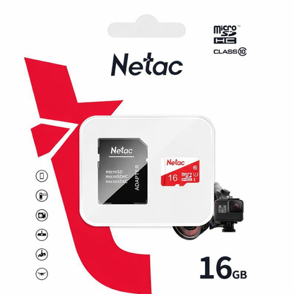 Netac 16GB microSDHC memory card with adapter on a white background