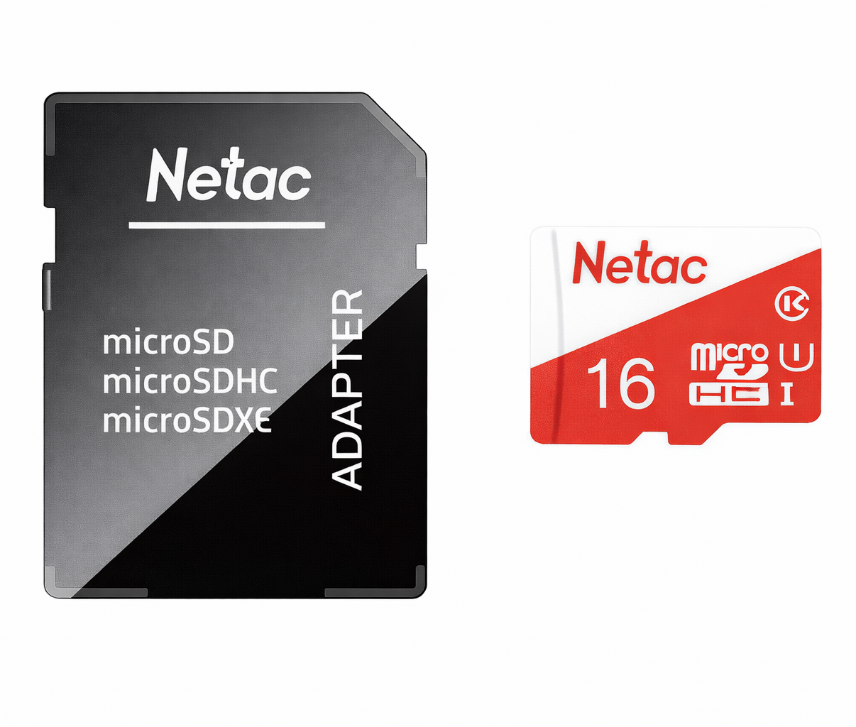 Netac microSD card with adapter and red label on a white background
