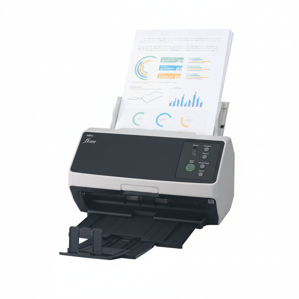 Side view of RICOH FI-8150 showing USB and Ethernet ports