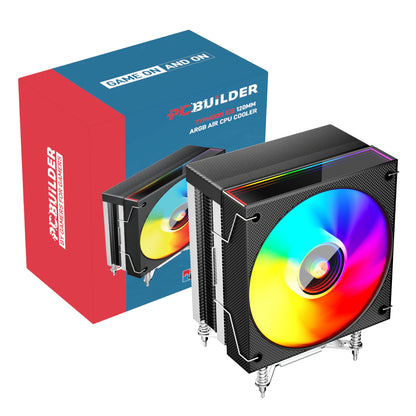 PC cooler with rainbow-colored fan and 'PCBuilder' branded box on a white background