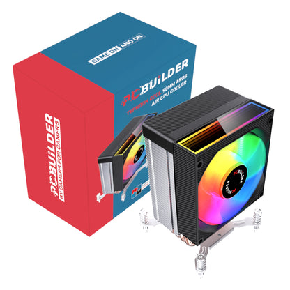 PC cooler with RGB lighting next to its packaging box on a white background