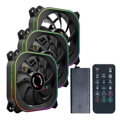 Three computer fans with RGB lighting and a remote control on a white background