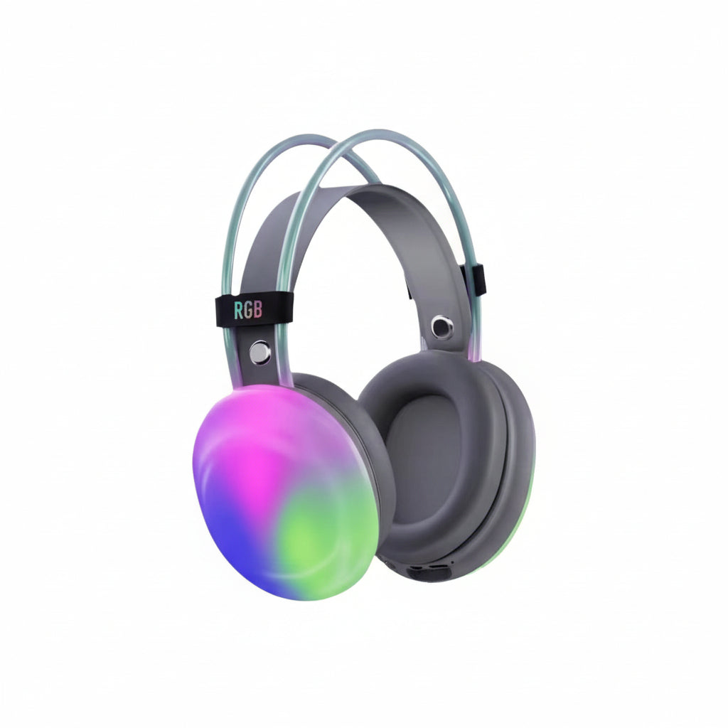 Front view of the black M-Link PG580 headphones with RGB lights on.

