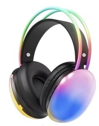 Close-up of the RGB LED lighting effect on the ear cups.

