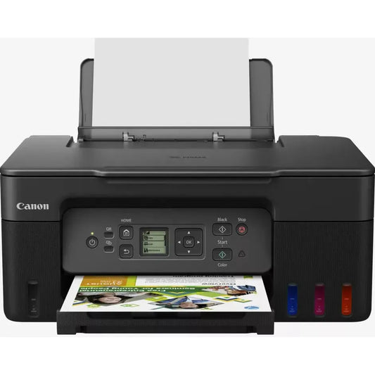 Canon printer with paper in the input tray and output tray on a white background