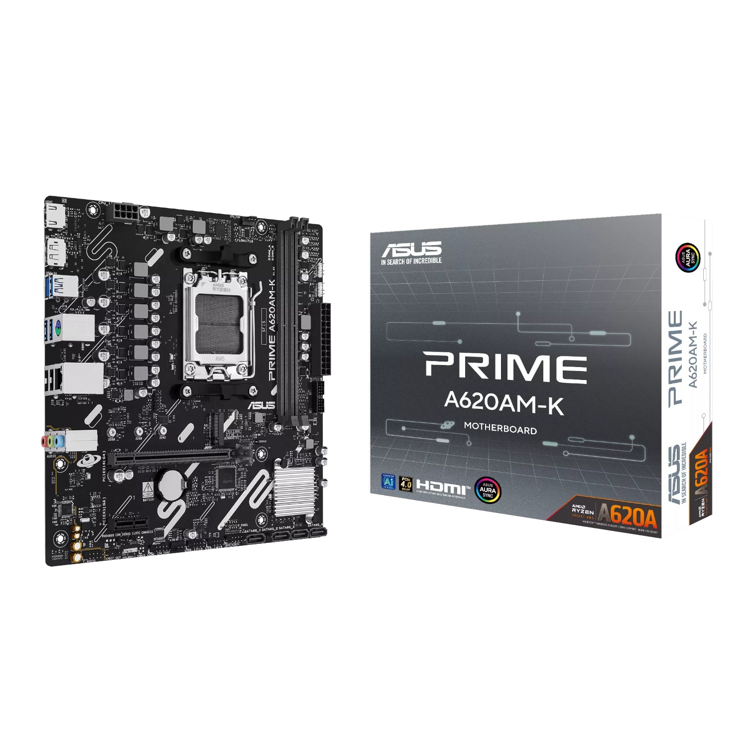 Asus Prime A620AM-K motherboard and its packaging on a white background