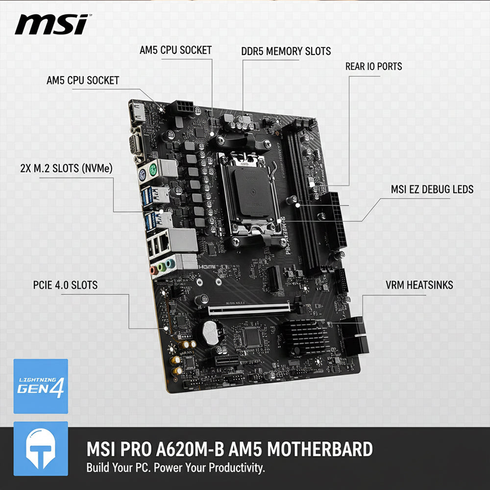 MSI PRO A620M-B AM5 Motherboard for AMD Ryzen 7000 Series DDR5 PCIe 4.0