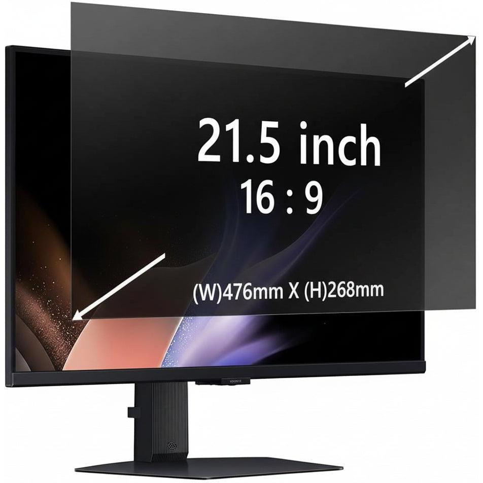 A 21.5-inch 16:9 computer monitor with a black stand, shown on a white background with text overlays indicating dimensions.