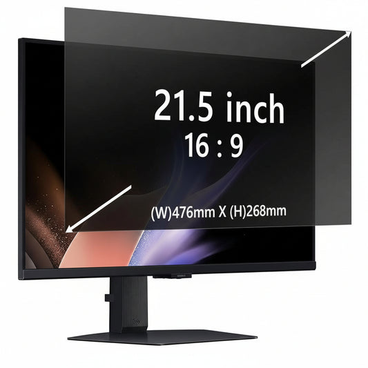 A 21.5-inch 16:9 computer monitor with a black stand, shown on a white background with text overlays indicating dimensions.