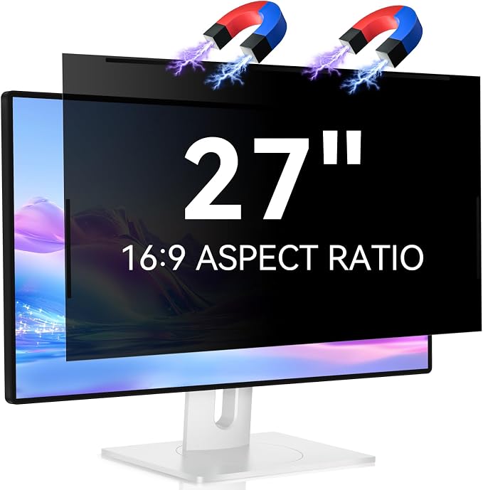 A 27-inch 16:9 aspect ratio monitor with a white stand, shown on a white background with graphic overlays of two magnets and lightning bolts above the screen.
