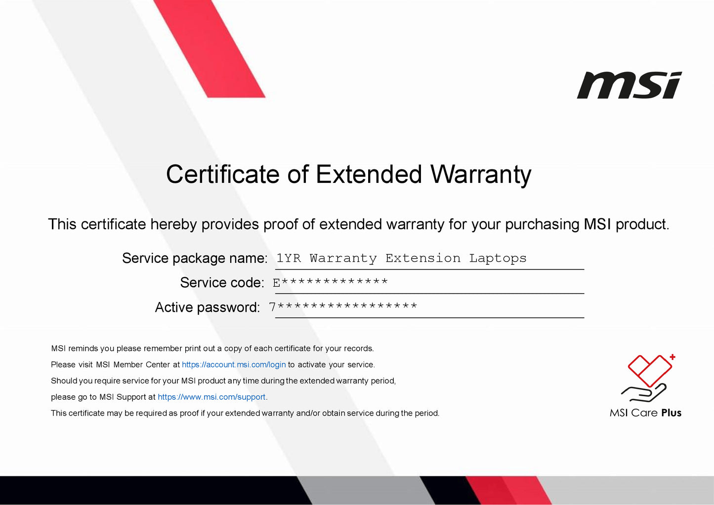 MSI LAPTOP 12 MONTH (1 YEAR) EXTENSION WARRANTY - SA ONLY. MSI PORTAL ACTIVATION IS REQUIRED TO CLAIM EXTENSION.