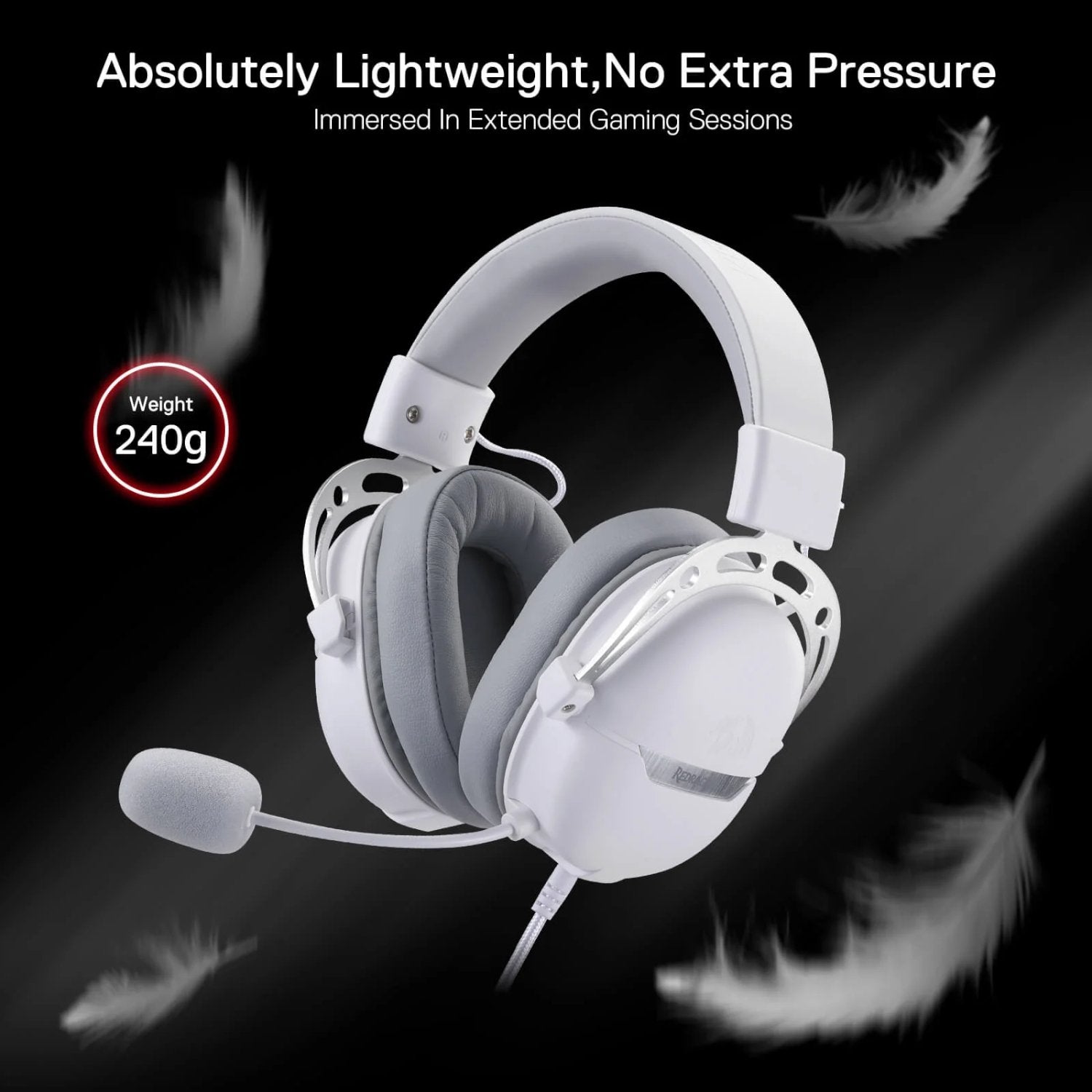 REDRAGON Over-Ear AURORA Gaming Headset - White with high-precision 40mm drivers for immersive 7.1 audio and crystal-clear sound.