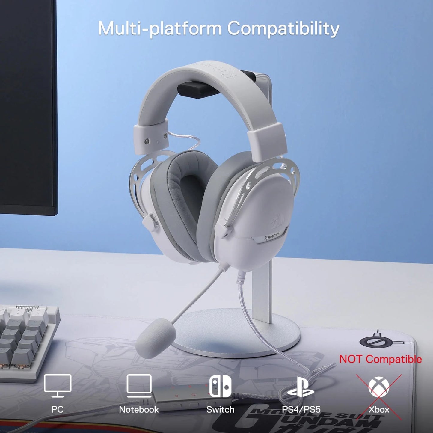 REDRAGON Over-Ear AURORA Gaming Headset - White with high-precision 40mm drivers for immersive gaming audio experience.