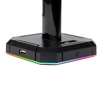 Redragon HA300 Scepter Pro RGB Headset Stand with USB Hub (4 x USB 2.0, RGB Lighting) showcases a sleek design with ambient RGB lighting and multiple USB ports.