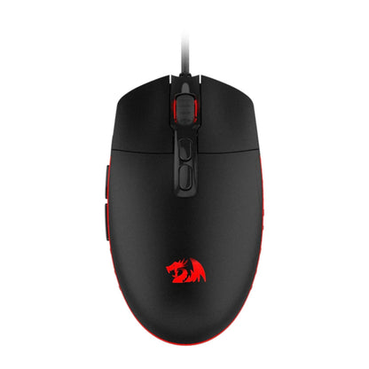 Black gaming mouse with red accents and logo on a white background