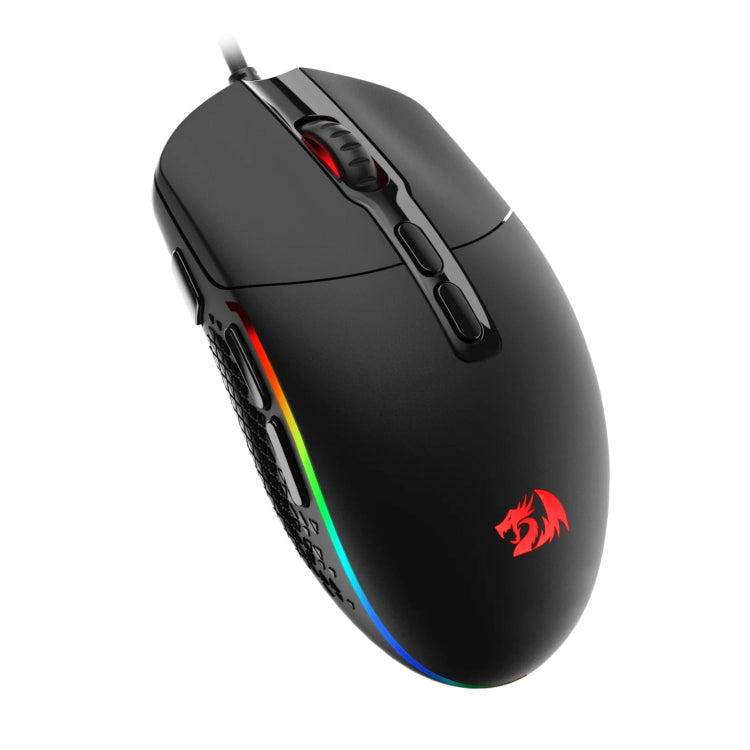 Gaming mouse with RGB lighting and a red logo on a white background