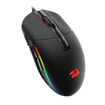Gaming mouse with RGB lighting and a red logo on a white background
