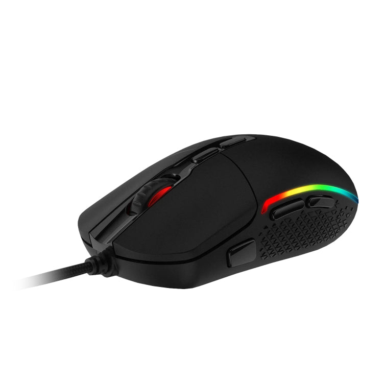 Black gaming mouse with RGB lighting on a white background