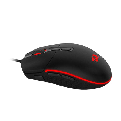 Black gaming mouse with red accents on a white background