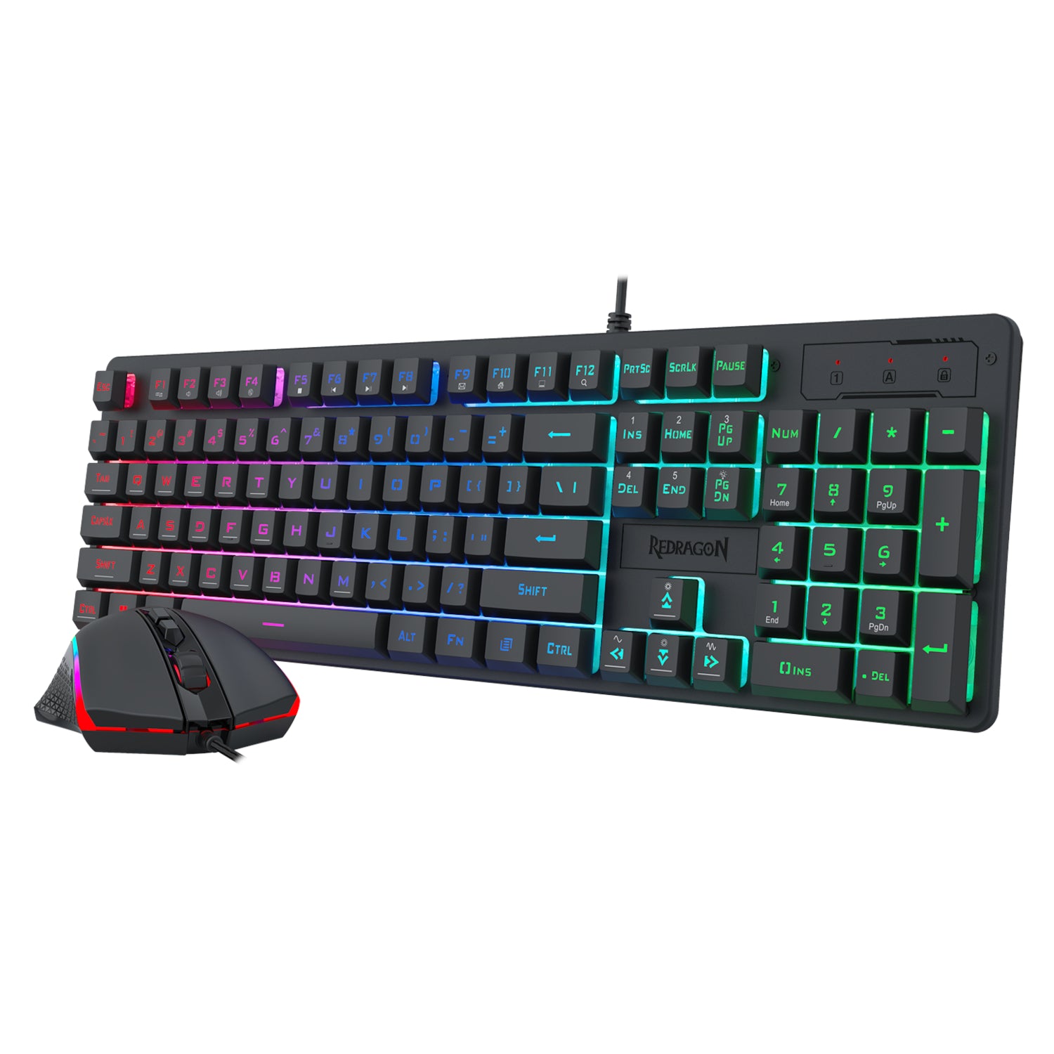 Gaming keyboard and mouse set with RGB lighting on a white background