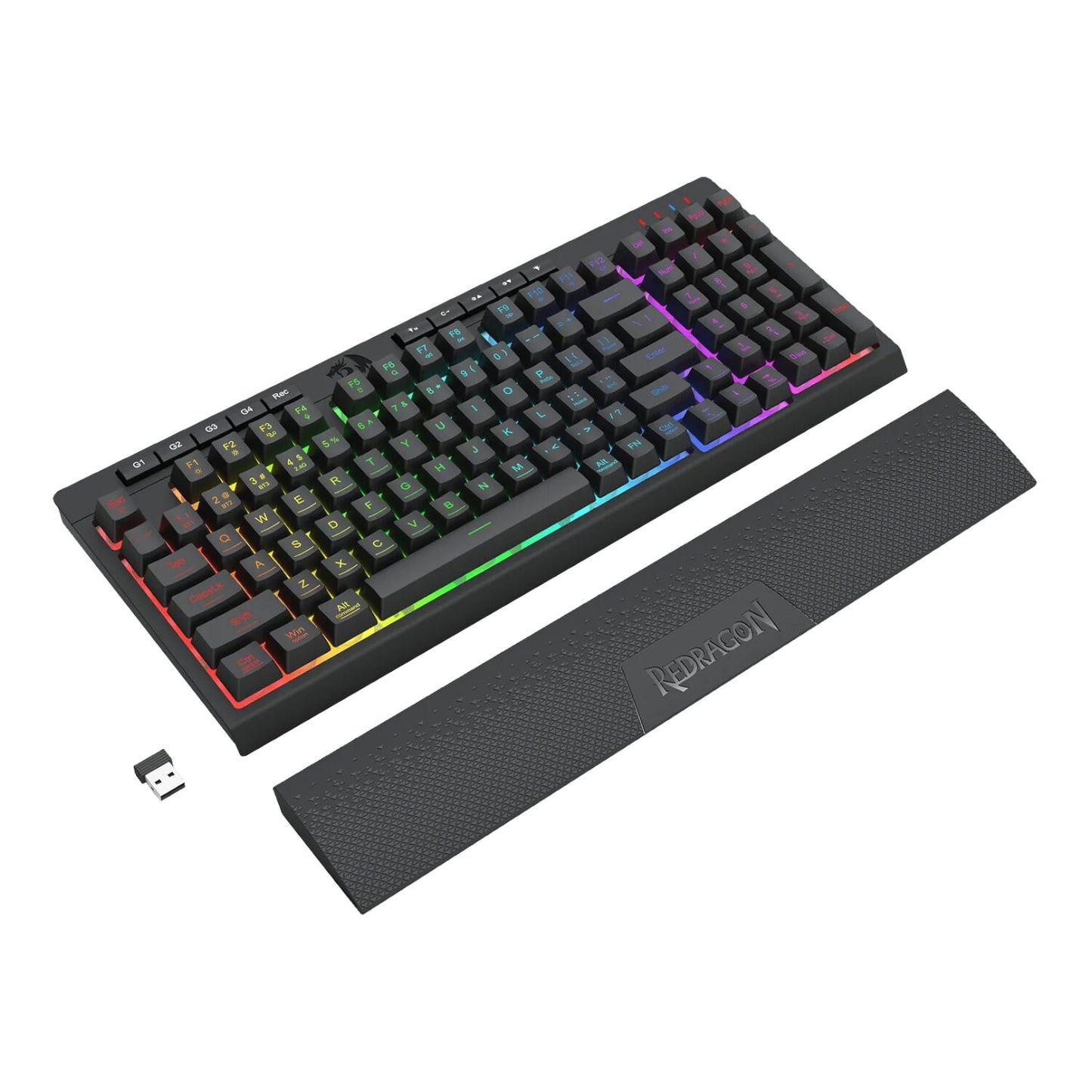 Redragon RYLO PRO S142 Tri-Mode RGB Gaming Keyboard and Mouse Combo with colorful backlit keys and textured wrist rest.